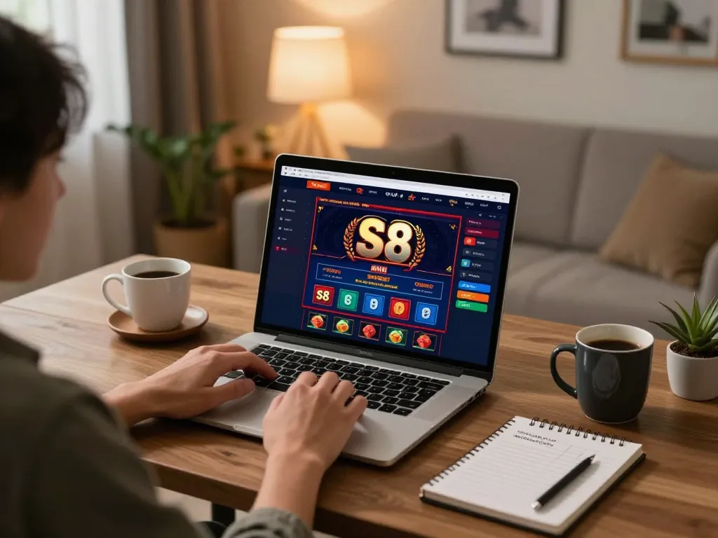 S8 online casino gameplay on laptop in a cozy home office environment.