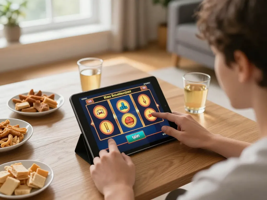 MPOID gaming scene where a player spins the reels on an online slot game from the comfort of home