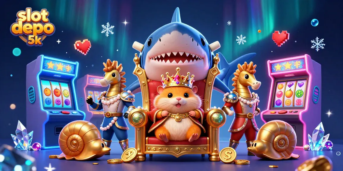 Spin and win big with slot depo 5k, featuring a golden hamster king surrounded by vibrant arcade elements.