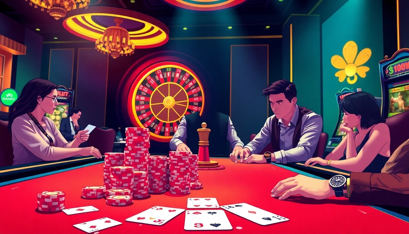 Engaging gambling scene at SKY88 Casino with vibrant poker tables and roulette wheel.