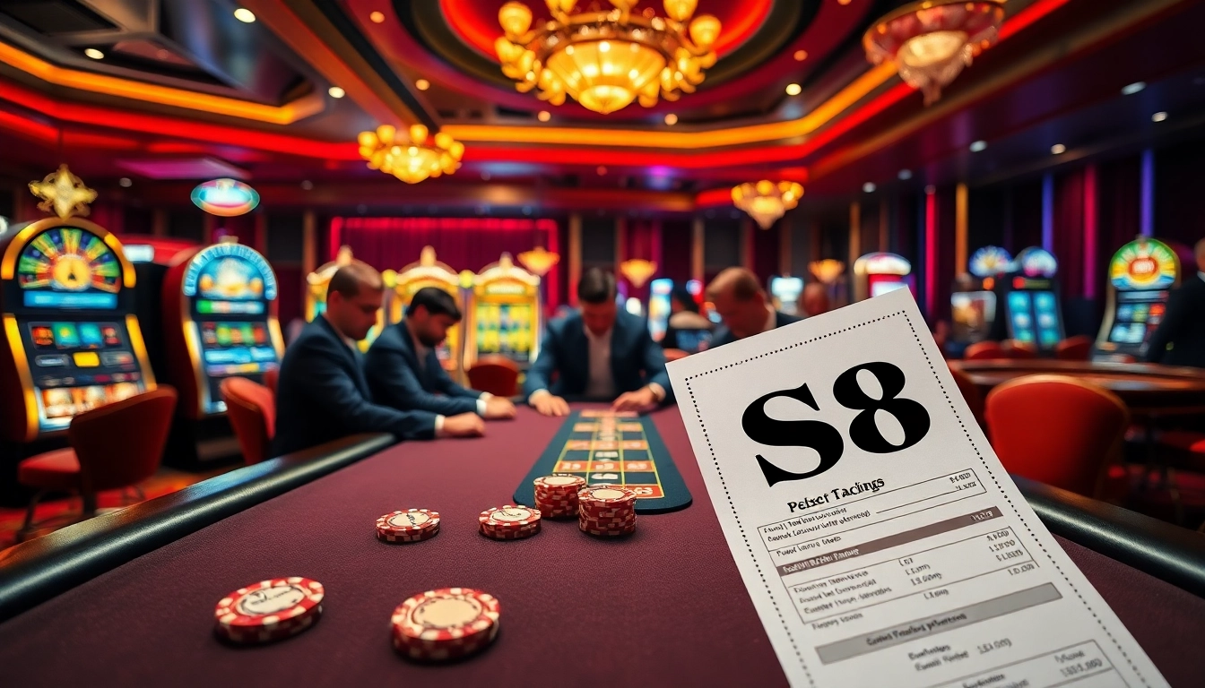 Experience high-stakes action at the S8 poker table with glamorous players and vibrant casino decor.