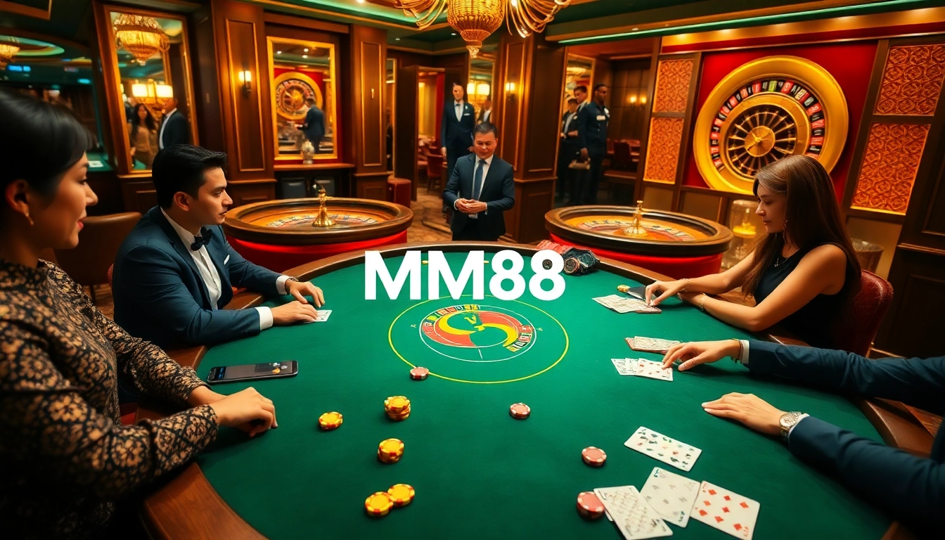 Experience thrilling MM88 gameplay with a luxurious poker table and vibrant casino ambiance.
