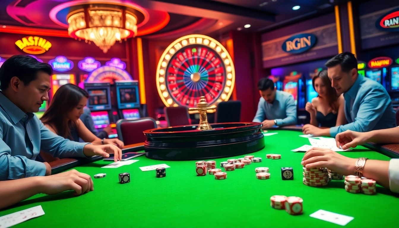 sơ đồ trang web 68win - Luxurious casino scene with players at a gambling table, roulette wheel, and vibrant slot machines.