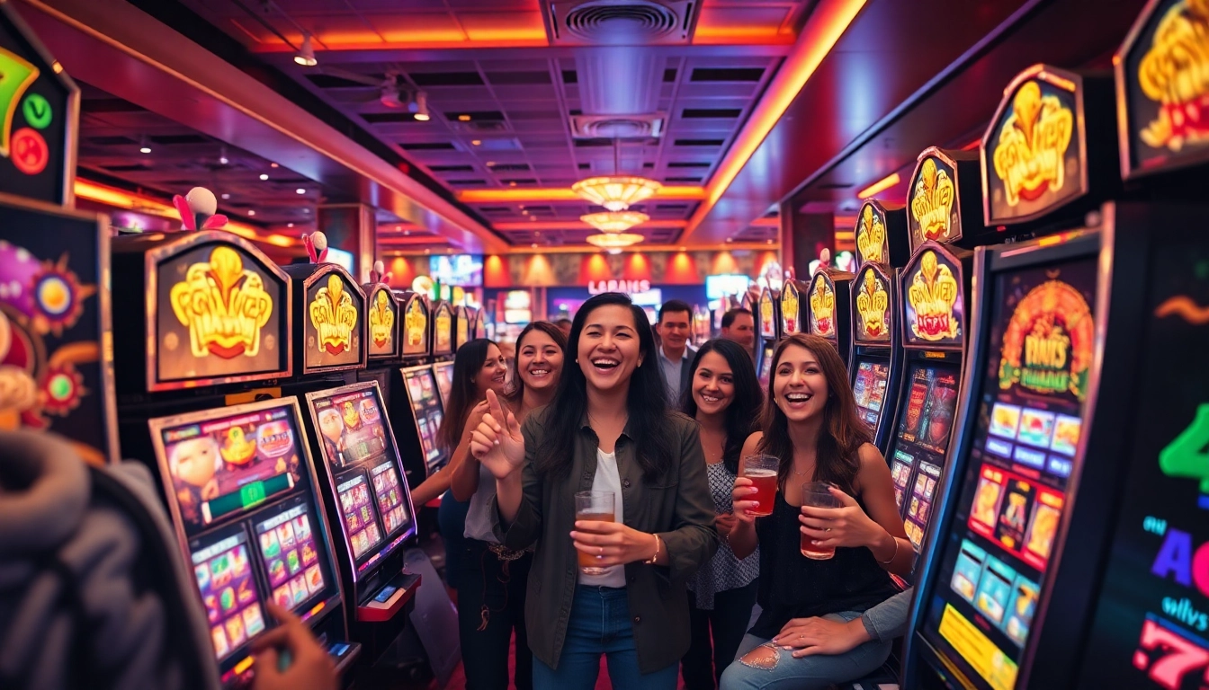 Players enjoying slot machines in a vibrant casino with colorful graphics and ambient lighting.