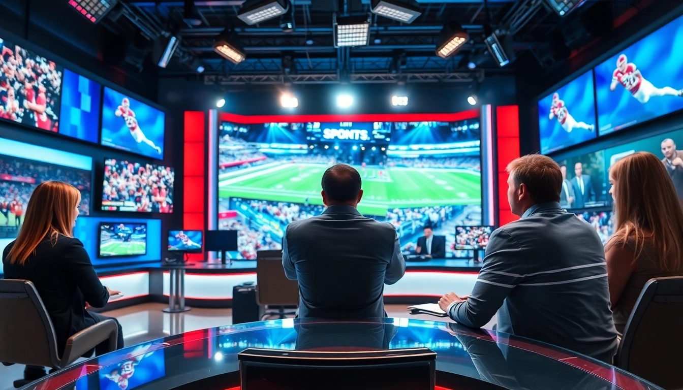 Sports broadcasting studio with anchors engaging viewers in a dynamic setting.