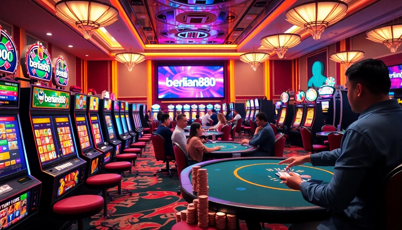 Players enjoying thrilling games at berlian888's casino featuring vibrant slot machines and poker tables.