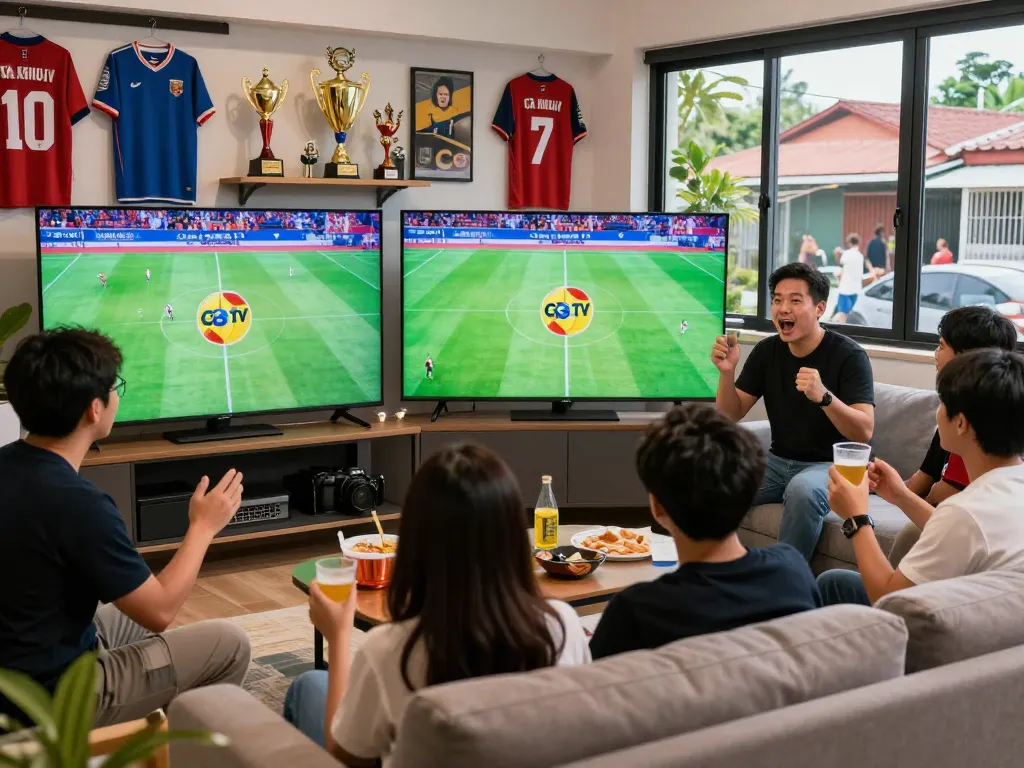 Engaging live football streaming setup showcasing Cà Khịa TV with enthusiastic viewers enjoying sports together.