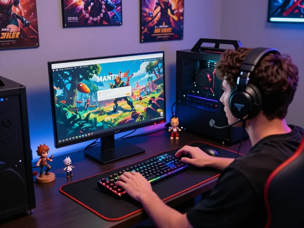 Exciting gaming setup displaying MANTRA88 login screen with vibrant LED lights and immersive atmosphere.
