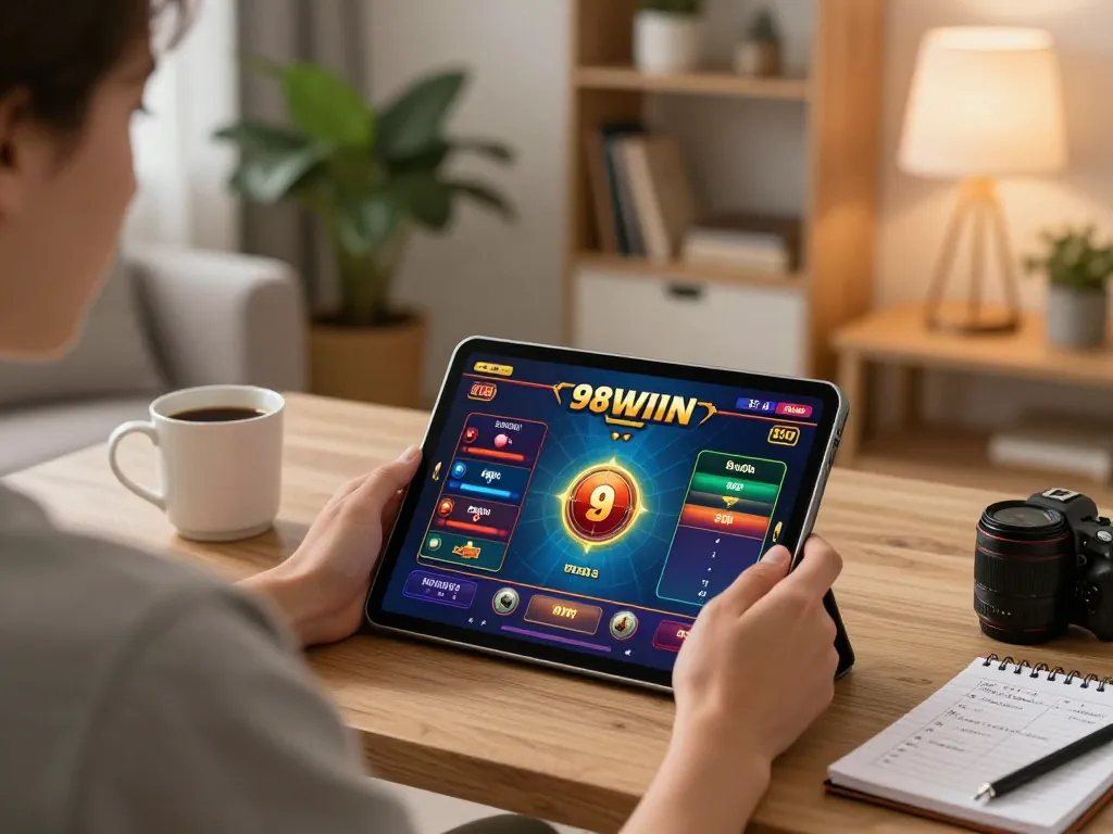 Player engaging in 98WIN online casino gaming on a tablet, showcasing a vibrant game screen in a cozy home setting.
