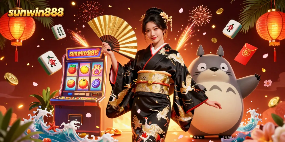 Engage with sunwin888 in a vibrant casino scene showcasing Asian culture, slot symbols, and celebratory decorations.
