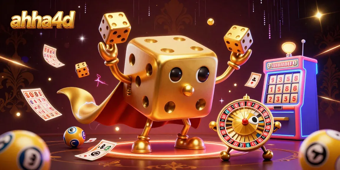 Engage with ahha4d's 3D dice golem in a vibrant lottery landscape showcasing prize wheels and bingo cards.
