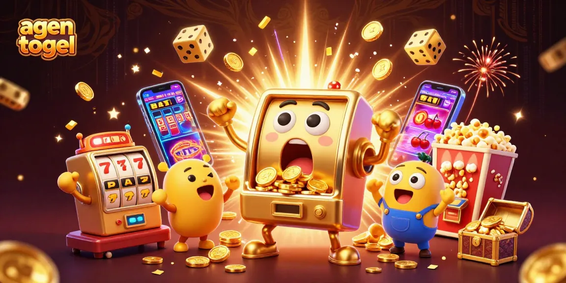 Memenangkan jackpot agen togel dengan mesin slot emas sambil dikelilingi simbol keberuntungan dan keceriaan.