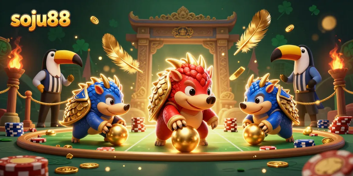 soju88 pangolins compete while bowling poker chips in a vibrant casino scene.